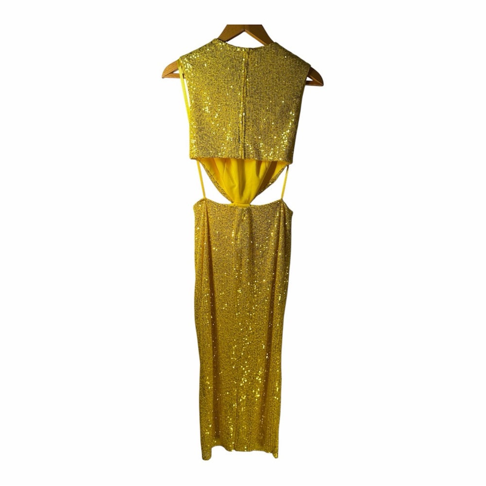 Mac Duggal Yellow Gold Sequin Cutout Twist Sheath Dress 4 Graduation Wedding - Picture 3 of 14